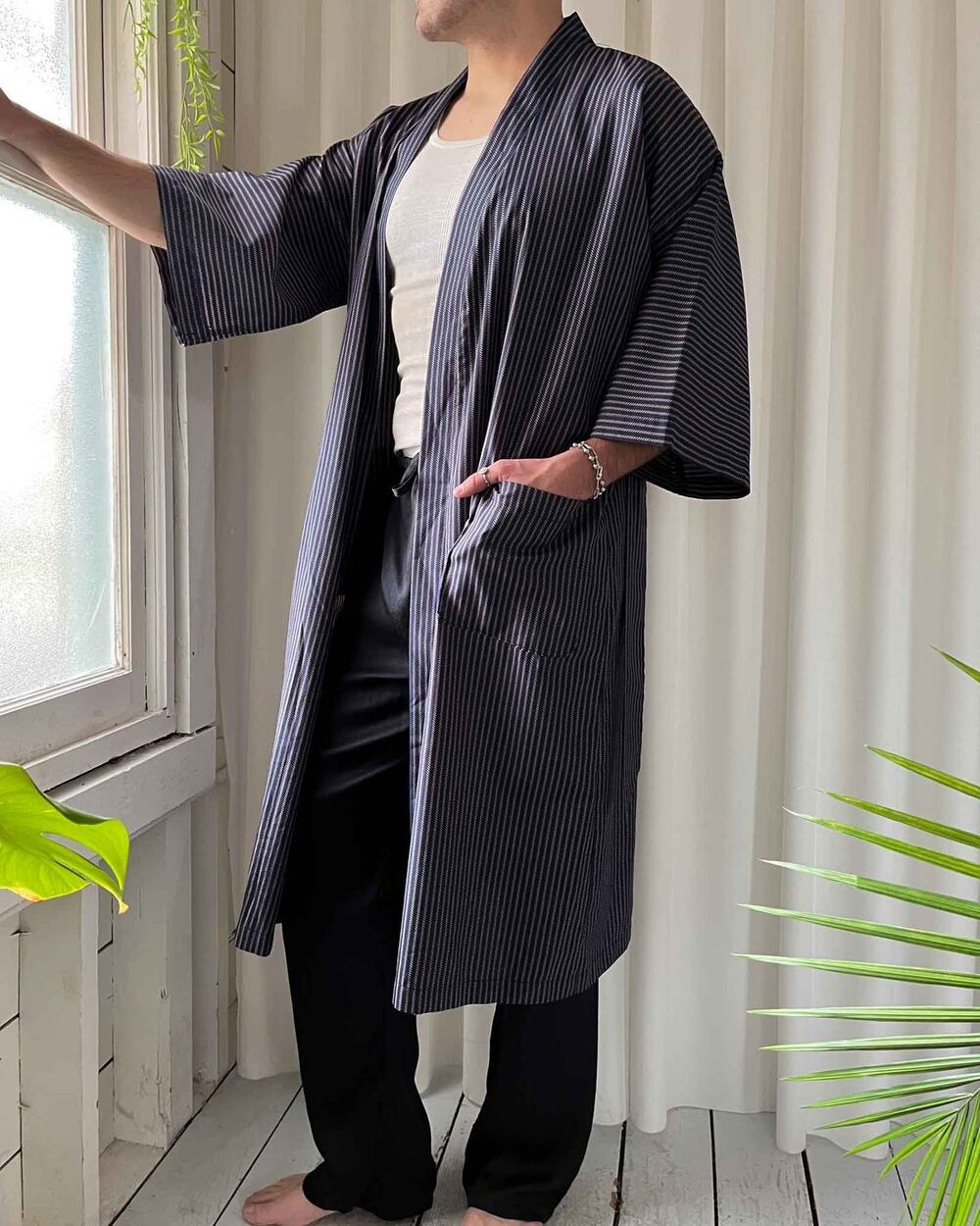 Christian Dior Monsieur Striped Robe Pockets Vintage 80s No Belt OS